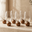 Jogo 6 Copos Mori em vidro bubble Esfera Bola madeira acácia 450ml Luxo Moderno Design Orgânico