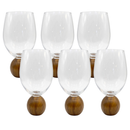 Jogo 6 Copos Mori em vidro bubble Esfera Bola madeira acácia 450ml Luxo Moderno Design Orgânico